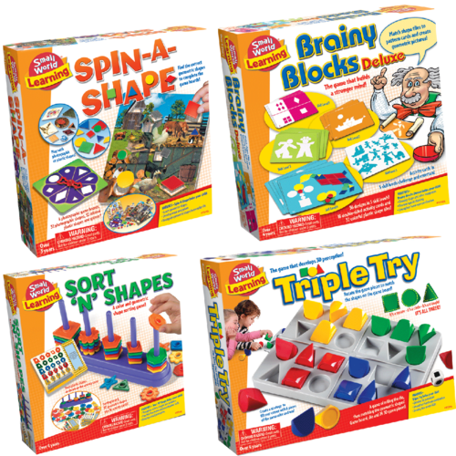 Learning And Memory Games And Toys Bundle - Brainy Blocks Deluxe & Spin-A-Shape & Sort N Shapes & Triple Try