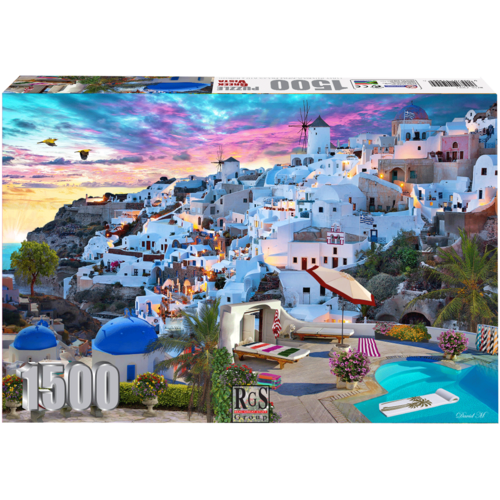 Greek Vista 1500 Piece Jigsaw Puzzle | Enjoy sundowners at the pool, overlooking Greece!