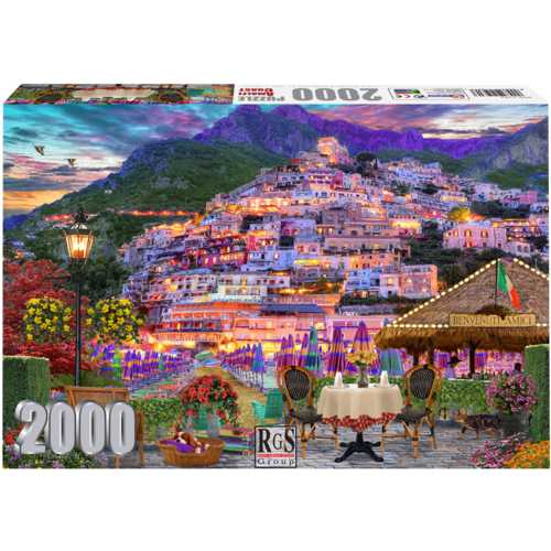 Amalfi Coast 2000 Piece Jigsaw Puzzle | Enjoy dinner with a beautifully light backdrop of Amalfi, Italy!