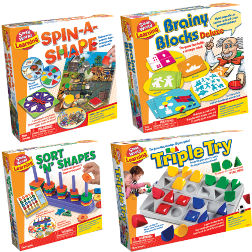 Learning And Memory Games And Toys Bundle - Brainy Blocks Deluxe & Spin-A-Shape & Sort N Shapes & Triple Try