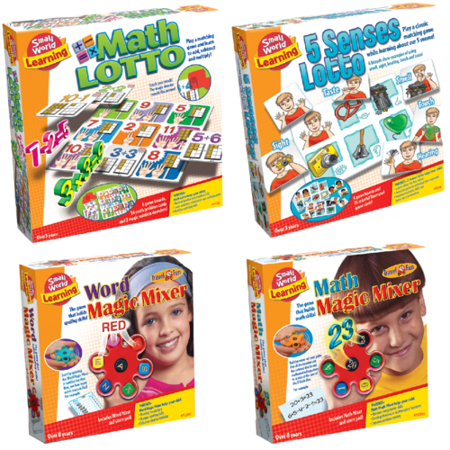 Learning And Memory Games And Toys Bundle - Math Lotto & Math Magic Mixer & Word Magic Mixer & 5 Senses Lotto